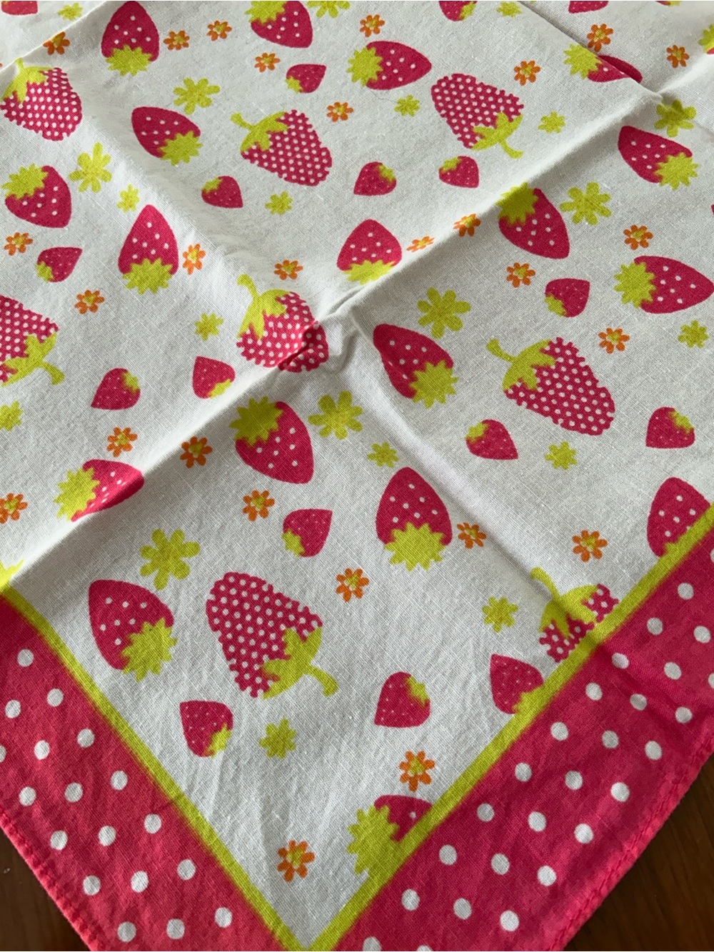Pink Strawberry Print Cotton scarf - green & White Accents 20“ x 20“